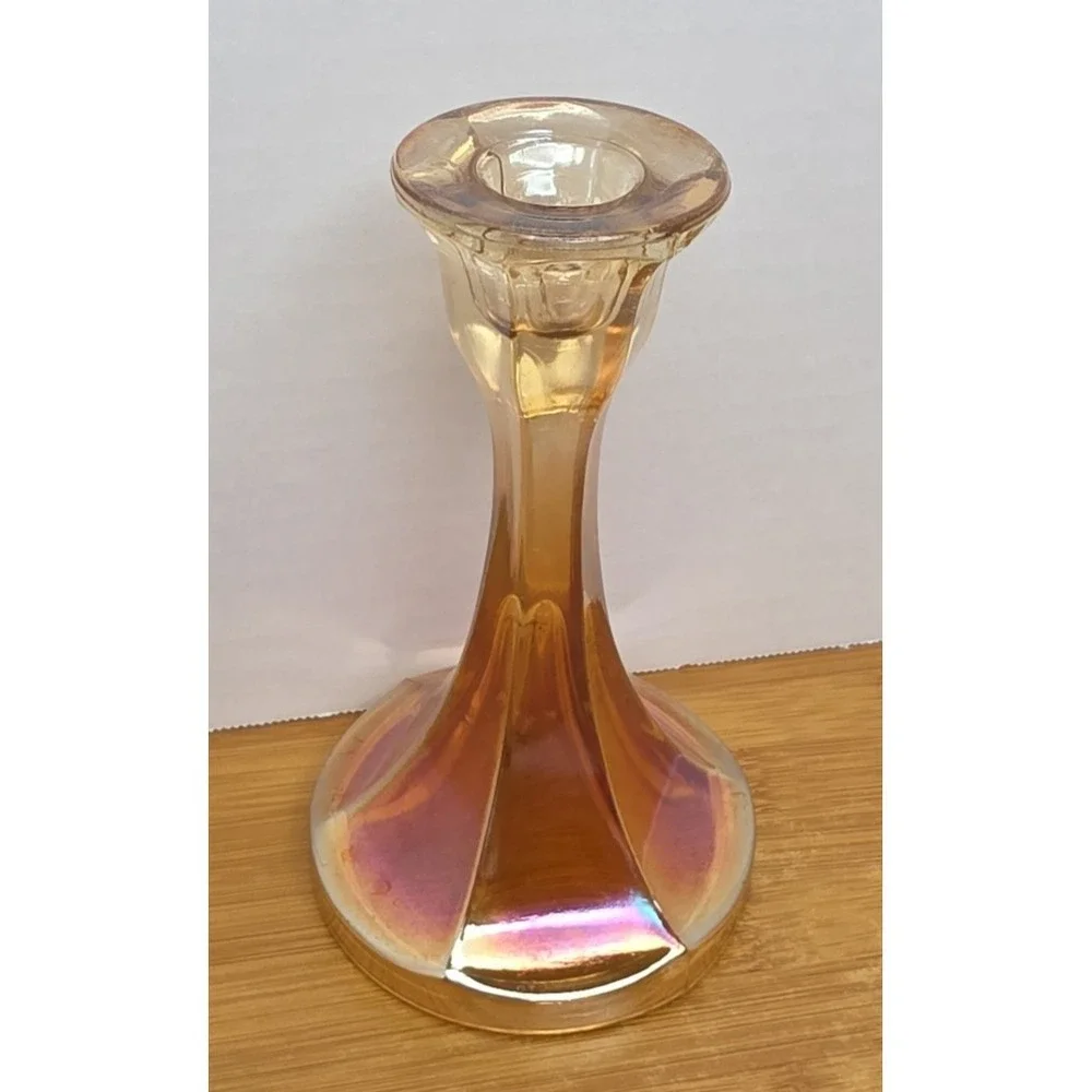 Vintage Marigold Carnival Glass Candle Holder Candlestick Decorative Iridescent